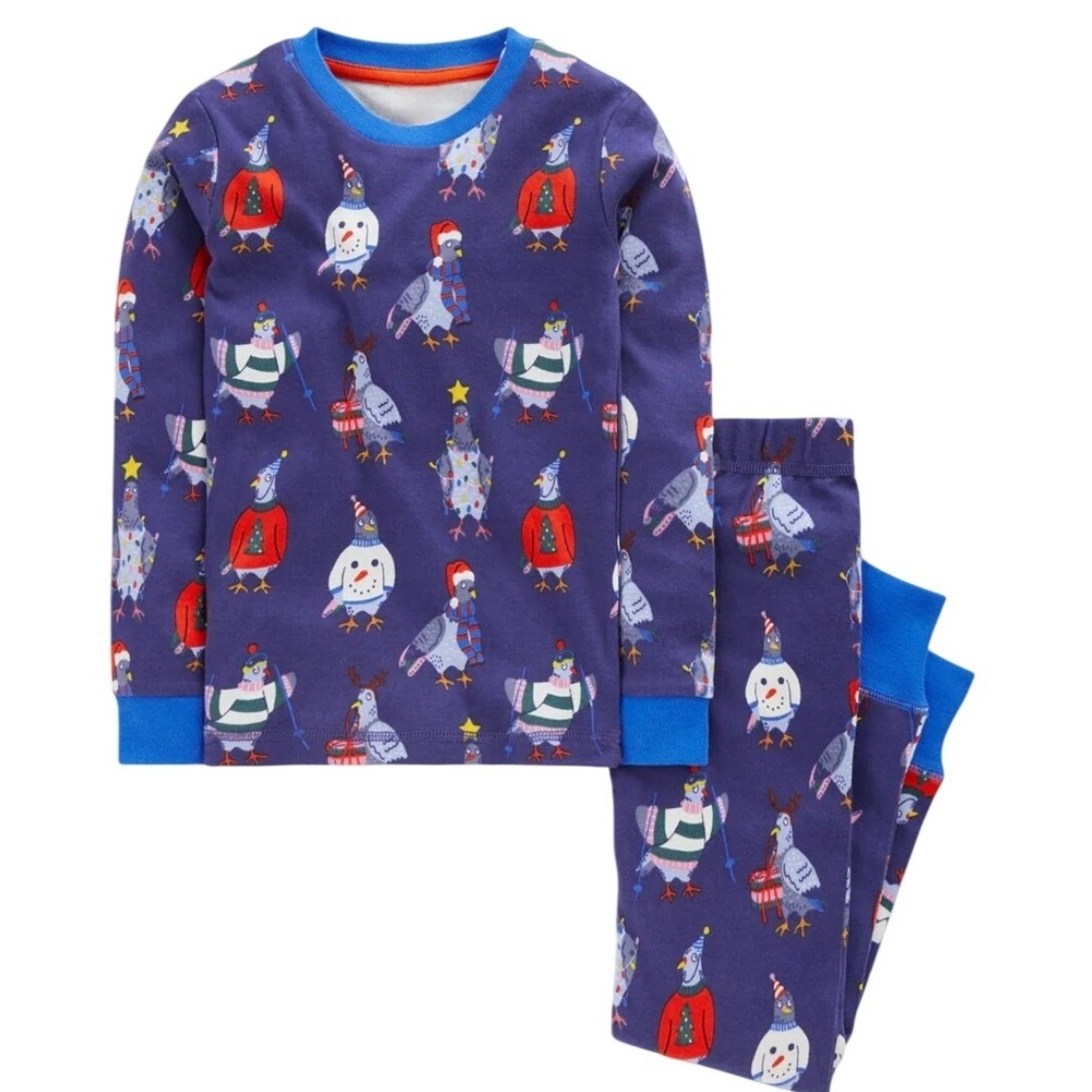Mini Boden Kids Christmas Pigeon Pajama Set Navy Blue Holiday PJs Size 7Y NWT
